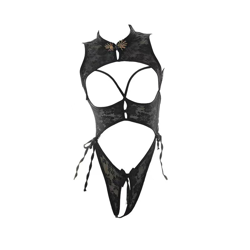 Image of Erotic lingerie three-point small breasts temptation pajamas set sexy lace open file free see-through lace cheongsam women